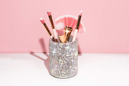 TISHAA Bling Bling Spark Crystal Pen Holder Stand Cup Box Organizer for Desk Office and Home Desk Receive a case (Round White Crystal)