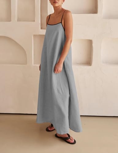 Image of Womens Summer Linen Maxi Dress Contrast Trim Spaghetti Straps Backless Sleeveless Long Flowy Dresses