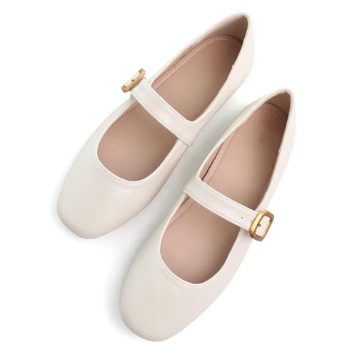 Image of TN TANGNEST Leather Flats for Women Retro Mary Jane Flats | Comfortable Square Toe Slip On Flats with Buckle Strap, Soft Work Flats Office Shoes