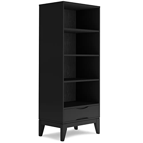 Image of SIMPLIHOME Harper Desk and Bookcase Bundle - 60 inch Wide Solid Wood Mid Century Modern Desk with Drawers and 24 inch Wide 4-Shelf Bookcase in Black, Home Office Furniture (Set of 2)