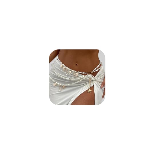 Summer Beach Shell Conch Pendant Waist Chain Belt Festival Rave Pearl Waist Body Chain Multi-layered Pearl Belly Chain Jewelry Outfit Dress Body Jewelry for Women