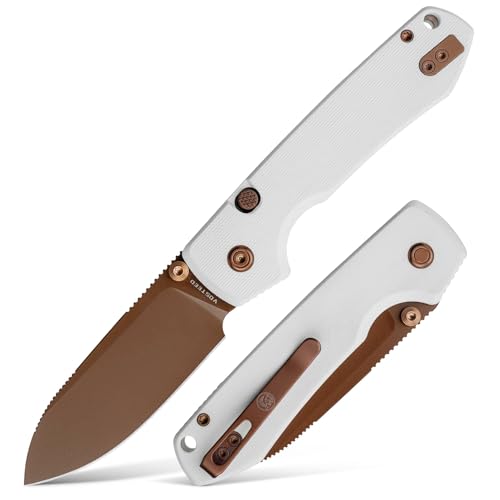 Image of Vosteed Raccoon2.0 EDC Folding Pocket Knife - 3.25 inch 14C28N Rose Gold Blade, Top Liner Lock, White G10 Handle with Belt Clip - Camping, Hiking Knives- A2913