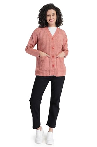 Image of MANRA Women's Woolen V-Neck Buttoned Full Sleeve Cardigan Self Design Soft Wool Fabric Winter Wear Pure Wool Sweater Fully Warm with Front Pockets Stylish Cardigan