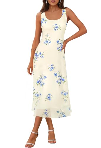 MEROKEETY Women's 2025 Summer Floral Midi Dress Casual Flowy Mesh Boho Vacation Beach Sundress, Apricot, Large