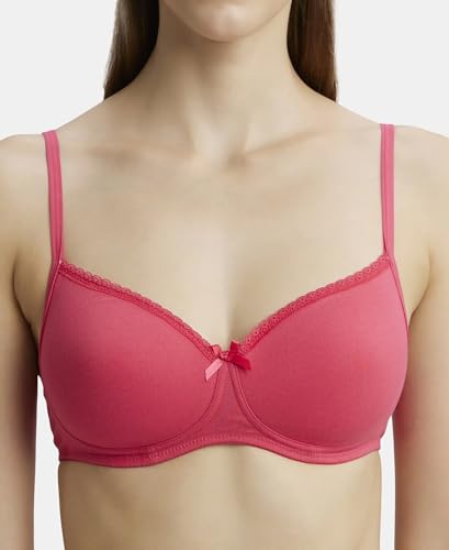 Image of Jockey 1723 Women Wirefree Padded Super Combed Cotton Elastane Stretch Medium Coverage T-Shirt Bra with Lace Styling