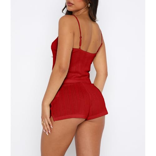Image of Women's Two Piece Outfit Lace Trim Top and Shorts Set 2 Piece Lounge Sets Ladies PJs Summer Clothes