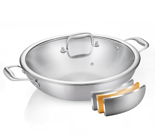 Image of DELARLO Tri-Ply Stainless Steel Flat Bottom Wok, 13 Inch Braiser Pan with Lid, Durable Large Frying pan, Fast Even Heat Saute Pan, Non Toxic Pan for Cooking, Oven Broiler Safe 600F(Not lids)