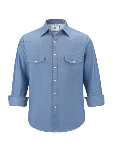 Men's Denim Western Cowboy Pearl Snap Long Sleeve Casual Button Down Up Work Shirts