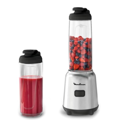 Moulinex Mix & Move LM15FD - Batidora individual, batidora smoothie de 4 cuchillas con 2 recipientes...