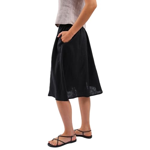 Amazhiyu Womens Pure Linen A Line Pleated Midi Skirt Elastic Waist with Pockets Black, X-Large2
