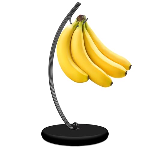 HOMKULA Banana Holder Stand - Banana Hook Hanger Banana Tree Holder Banana Rack for Kitchen Counter Stainless Steel&Wooden Base (Black)