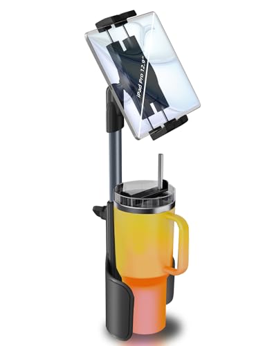 3 in 1 Tablet Holder for Car Bottle, 360°Rotatable & Aluminum Telescopic Arm Sturdy Rod Cup Holder Tablet Mount for iPad Pro 12.9/11/10.5/9.7/Air/Mini 6/5/4, iPhone 16/15/Pro, 4.7-12.9
