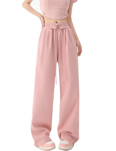 Kiench Teen Girls High Waisted Sweatpants Wide Leg Joggers Pants with Pockets US Size 18-20/14-15 Years, Cotton Pink