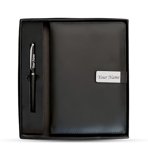 Image of SAVRI A5 Personalized Leather Diary & Engraved Pen - Custom Name Executive Notebook with Employee Name & Company Logo - Non-Dated, Joining Kit, Corporate Gift, Office, Travel & Birthday Gift (Black)