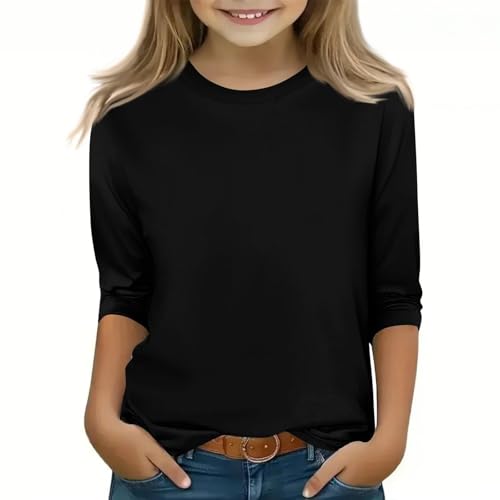 Girls 3/4 Sleeve Tshirt Solid Color T Shirts Cotton Basic Tees Tops Summer Casual Round Neck T-Shirts
