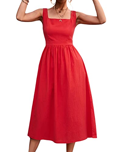 Image of xxxiticat Women's Square Collar Casual Dress Sleeveless Pleated A-Line Summer Beach Boho Elegant Backless Midi Dress