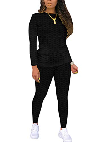 Women's 2 Piece Jogging Outfits Sets for Women Sexy Bodycon Tracksuit Long Sleeve Crewneck Solid Sweatshirt and Pants Set Black M