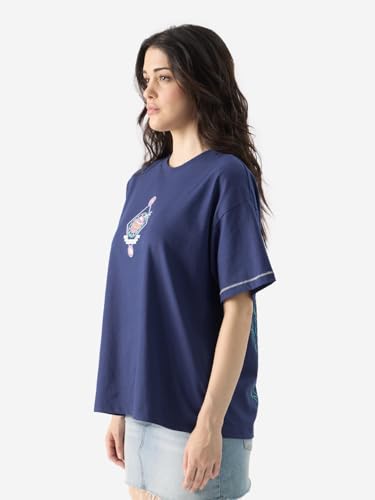 Image of The Souled Store Zodiac: Aquarius Women and Girls Short Sleeves Round Neck Blue Graphic Printed Cotton Oversized T-Shirts