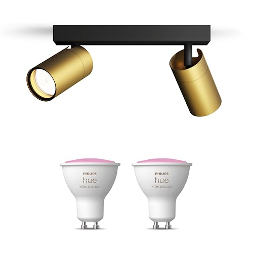 Philips Hue Idris Aufbaustrahler (Schwarz/Gold) - Badezimmerlampe - Weißes und Farbiges Licht - Deckenstrahler 2 Flammig - GU10 - Hue White and Color Ambiance