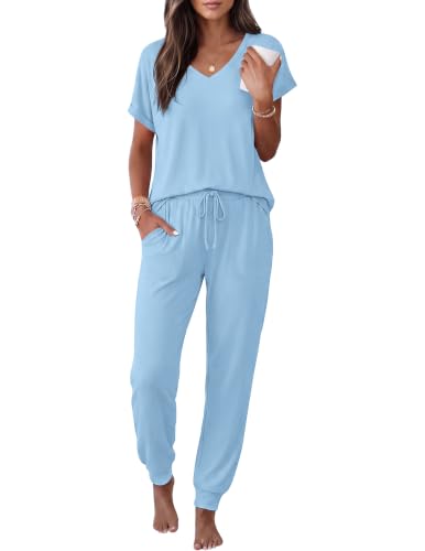 Image of Ekouaer Pajamas for Women Set Short Sleeve Lounge Set Jogger Pants Pjs Soft Sleepwear with Pockets S-XXL