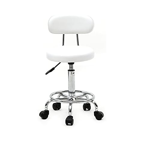 WEI WEI GLOBAL Adjustable Spa Stool, PU Leather Cushioned Salon Seat, Rolling Swivel Office Chair, Massage Barber Stool on Wheels for Drafting Tattoo Beauty Facial Spa (w/backrest, White) Cover