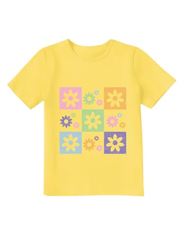 Image of Girls Graphic Tees Summer Short Sleeve Tops Casual Cute Flower Shirt Yellow 13-14 Years
