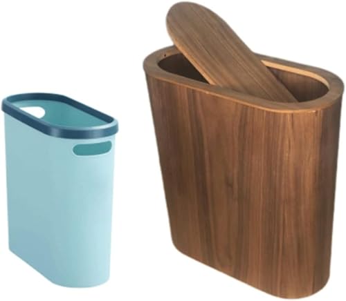 Image of Kitchen Slim Wooden Trash Can with Lid,Tall Skinny Bathroom Garbage Can Small Bedroom Desk Narrow Garbage Bin Indoor Rectangular Compact Retro Thin (Brown Walnut,Large)