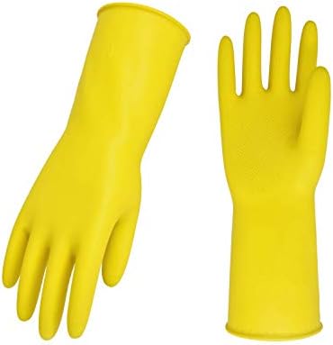 Vgo... 3-Pairs Reusable Household Gloves, Rubber Dishwashing gloves, Extra Thickness, Long Sleeves, Kitchen Cleaning, Working, Painting, Gardening, Pet Care (Size XL, Yellow, HH4601)