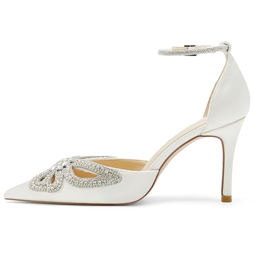 Women's Closed Pointed Toe Pumps Rhinestone Bow Sparkly Wedding Shoes High Stiletto Heels Satin Ankle Strap Heeled Prom Dress Sandals3