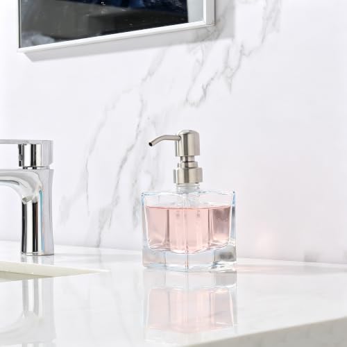 Image of Square Bathroom Soap Dispenser, Brushed Nickel, Glass Bottle, Stainless Steel Pump, Kitchen Hand Soap Dispenser