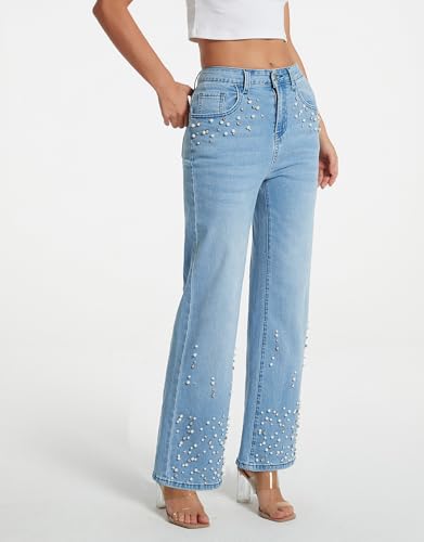 Kedera Womens High Waisted Rhinestone Jeans Casual Straight Wide Leg Bling Sparkly Pants Diamond Denim Jean Trousers3