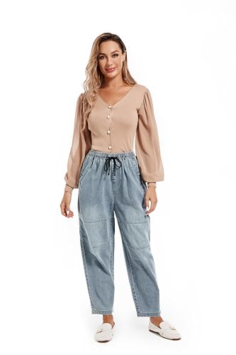 FTCayanz Women's Baggy Jeans Pull On Denim Joggers Elastic Waist Casual Harem Pants with Pockets2