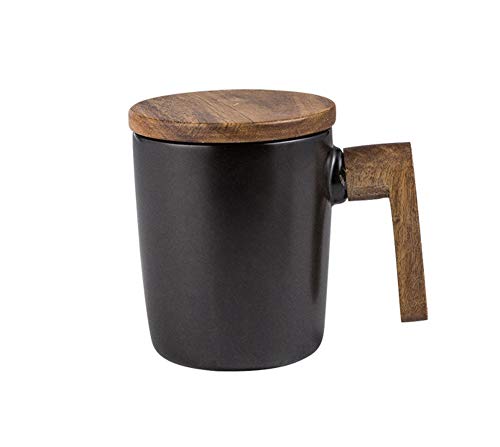 Atfung - Taza de café (cerámica, con Tapa de Madera y asa, 350 ml), Porcelana cerámica Madera, Negro
