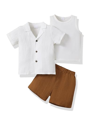 Image of Toddler 3t Boy Clothes White Short Sleeve Button Down Shirt And Brown Shorts With Vest Summer Fashion Beach 4t Boy Outfits Causal Kid Clothing Set