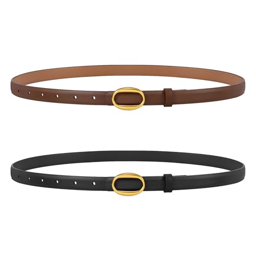 JASGOOD 2 Pack Women Leather Skinny Belt, Ladies Thin PU Leather with Alloy Buckle for Jeans Pants Dresses,Black+Coffee