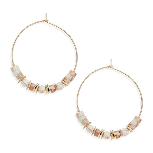 Frigotine Beige Gold bead Hoop Earrings for Women, Boho Trendy Vintage Statement Handmade Gemstone Beaded Hypoallergenic Huggie Earing Summer Beach Jewelry Gift
