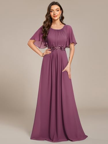 Image of Ever-Pretty Women's Classic Round Neck Pleated Short Sleeves Chiffon Appliques Floor Length A Line Formal Evening Dresses
