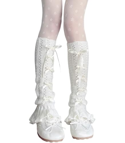 SherryDC Girl's Cute Knit Leg Warmers Kawaii Bowknot Ruffled Trim Knee High Leg Sleeve Socks Women