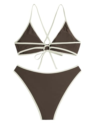 Image of ZAFUL Women's Tie Back Padded High Cut Bralette Bikini Set Two Piece Swimsuit