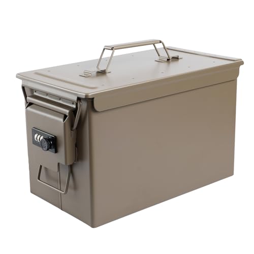 YSKMLOLP Ammo Can&Ammo case Storage Box,Lithium Battery Metal Storage Box,Fireproof/Waterproof/Airtight/Used for Lithium Battery and Ammo Storage (Khaki with Square Lock, 308 * 156 * 190mm)