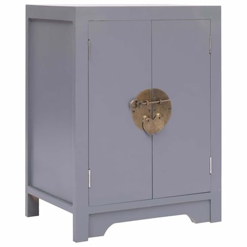Teenpull Table de Chevet Gris en Bois de Paulownia 38x28x52 cm avec 2 Portes Style Asiatique, Meuble de Rangement Robuste pour Chambre Salon, Support...