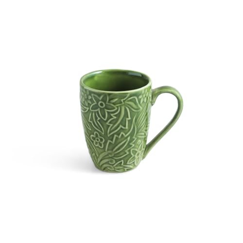 Image of ExclusiveLane 'Green Flora' Ceramic Coffee Mugs Set of 4 (Set of 4, 290 ml, Microwave and Dishwasher Safe, Hand-Embossed) | Ceramic Coffee Mug Coffee Cup Set of 4 Tea Mugs Set Tea Cups Ceramic Mugs