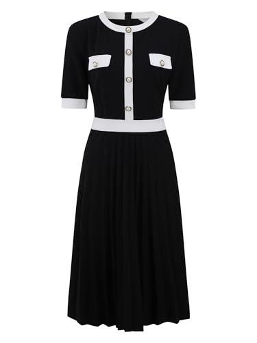 Image of Hobemty Women's Short Sleeve Pleated Dress 2025 Trendy Contrast Color Casual Work A-Line Midi Dresses