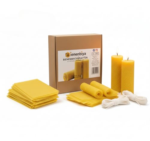 Natürliche Bienenwachsplatten für Kerzen 12 Stück 20x20cm Gelbe Wachsplatten mit Baumwolldocht DIY Kerzen Bastelset aus Bienenwachs für Familie Kinder & Freunde