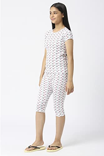 Image of SINI MINI Round Neck with Half Sleeve Top & Capri Beige Girls Casual Pack of 1 Night Suit Set