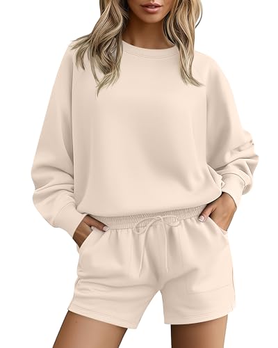 Ficerd Women's 2 Piece Outfits Long Sleeve Pullover Sweatshirt and Sweat Short Lounge Tracksuit Fall Winter Sweatsuit