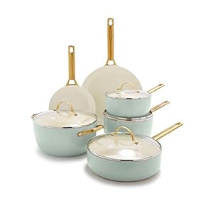 GreenPan Reserve Hard Anodized Healthy Ceramic Nonstick 10 Piece Cookware Pots and Pans Set, Gold Handle, PFAS-Free, Dishwasher Safe, Oven Safe, Julep Green