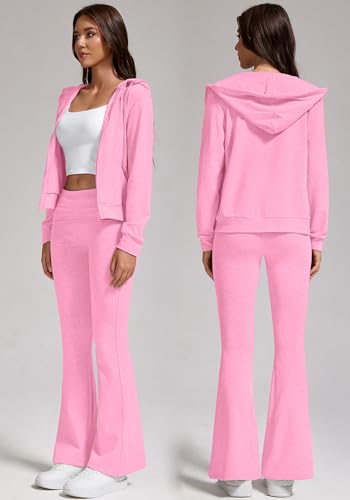 Women's 2-Piece Lounge Outfit-Lightweight Zip-Up Hoodie with Pockets & Low Rise Flare Leggings Yoga Sweatsuit Set2