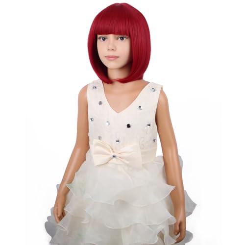 Image of PATTNIUM Kids Wine Red Wig Short Straight Bob Wig Dark Red Wigs for Girls Cosplay Party Synthetic Rose Net Daily Wear Wigs