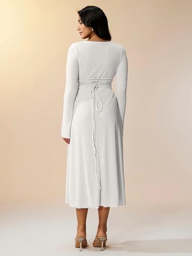 Image of Shasmi Women's Square Neck A-Line Dress - Long Sleeve, Tie Waist, Knitted Stretchable, Casual & Office Outfit, Solid Winter Midi Dress for Women (Dress 221)